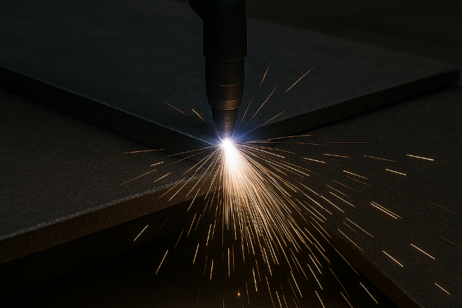 Plasma cutter cutting through a steel sheet in an industrial workshop, with sparks flying naturally.
