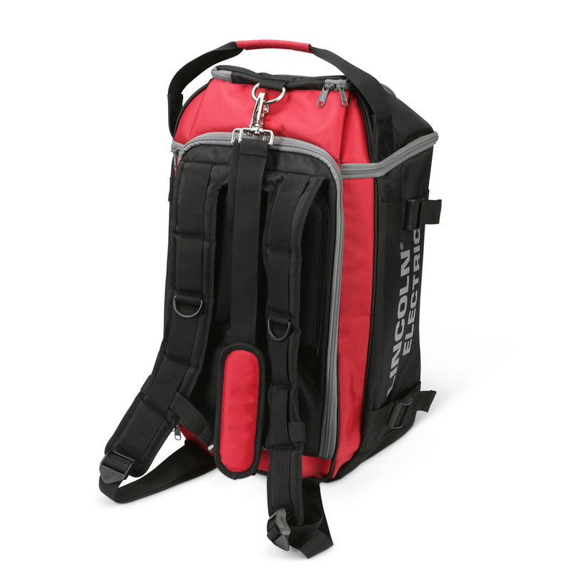 Red and black backpack with visible brand name on a white background
