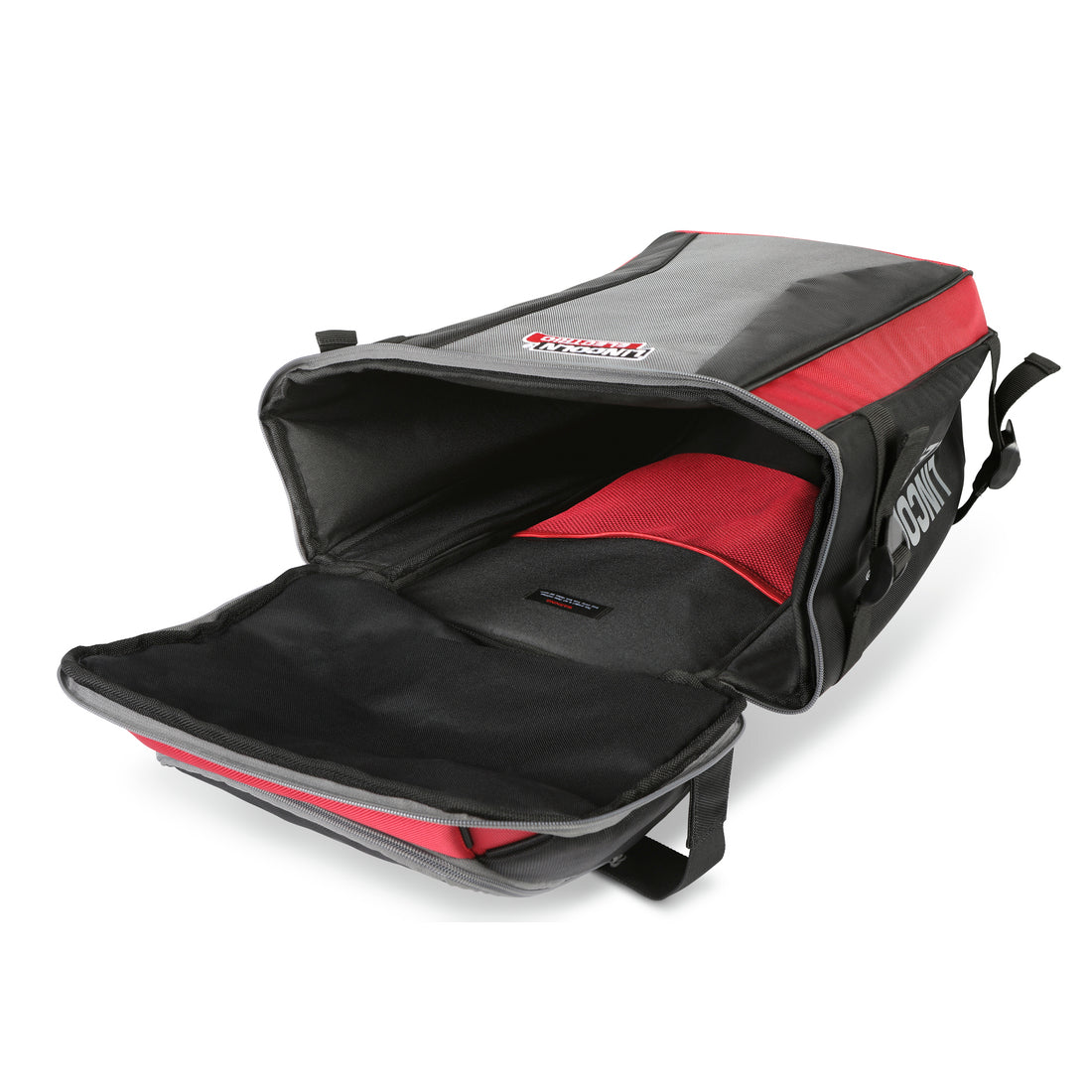 Black and red backpack with a visible brand logo on a white background