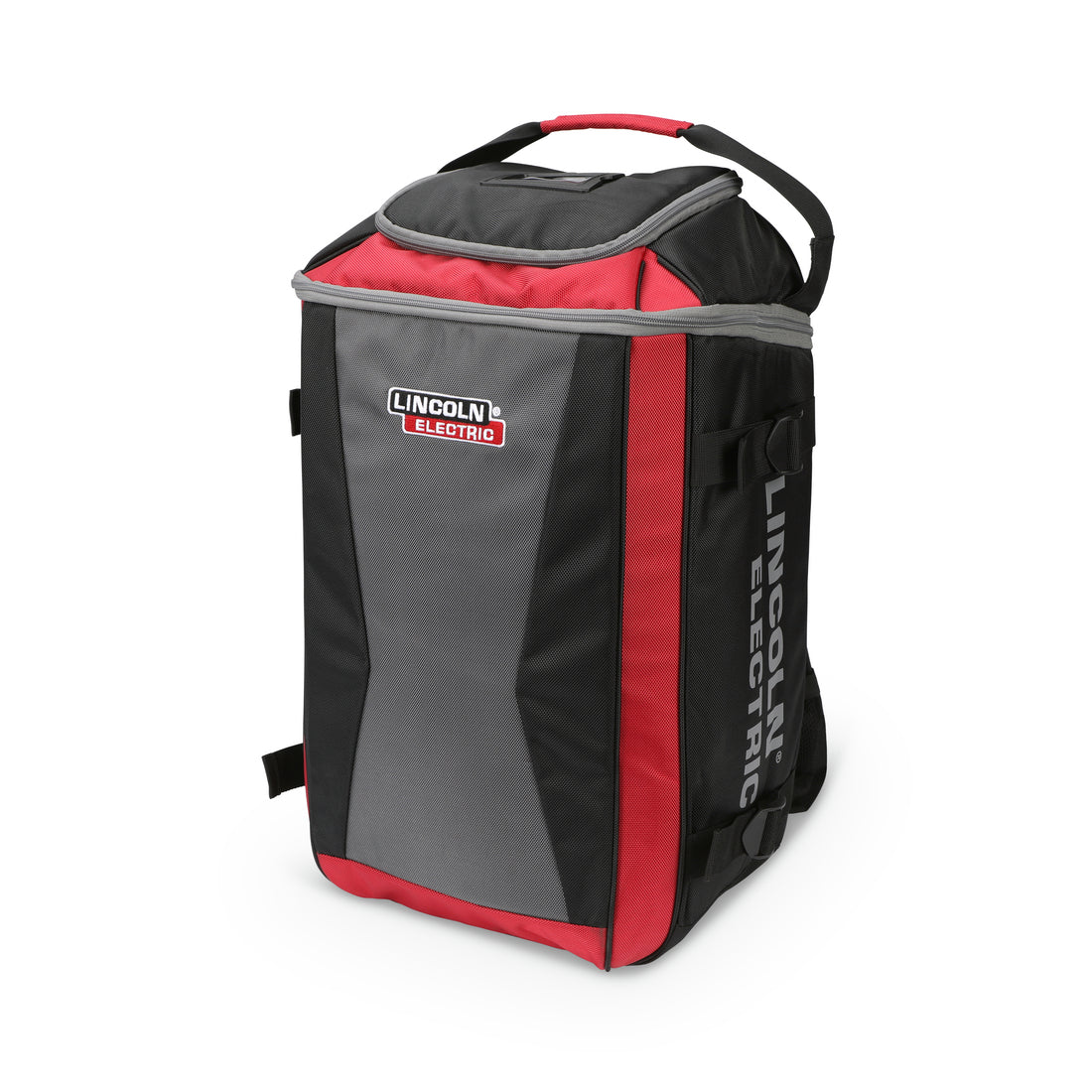 Black, gray, and red tool bag with Lincoln Electric branding on a white background