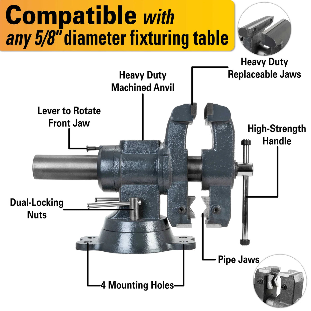 BuildPro Vise with 360° Rotating Jaw &amp; Base, Fit 5/8 Holes