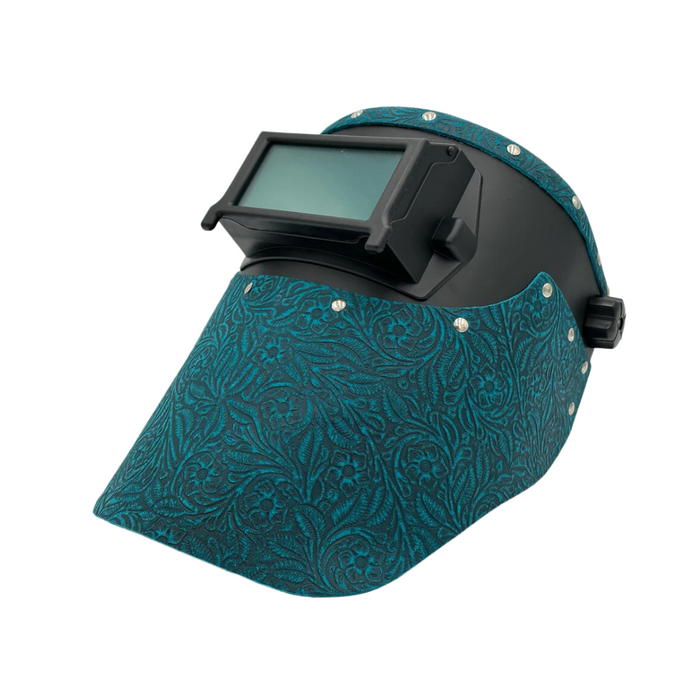 Outlaw Leather Black Flip Front / Floral Turquoise Suede Welding Hood
