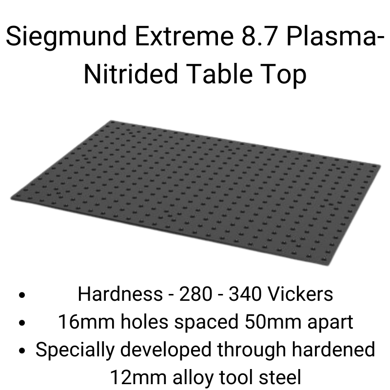 Siegmund Extreme 8.7 table top is manufactured from a specially developed through hardened 12mm alloy tool steel