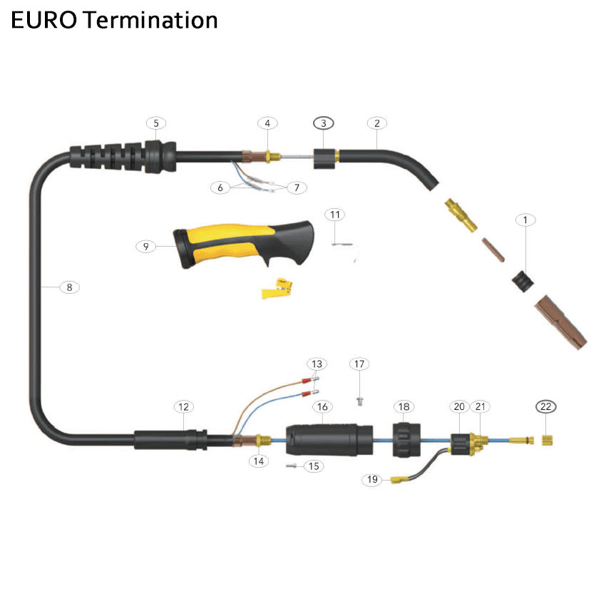 canaweld, 200a mig gun mig torch, euro, exploded view